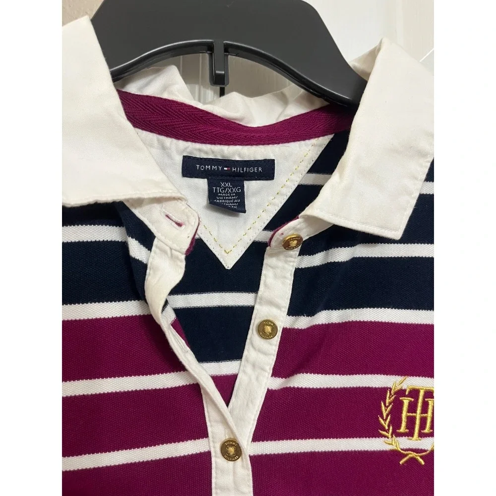 Tommy Hilfiger Polo Blue Pink White‎ Striped Short Sleeve Shirt Size 2XL